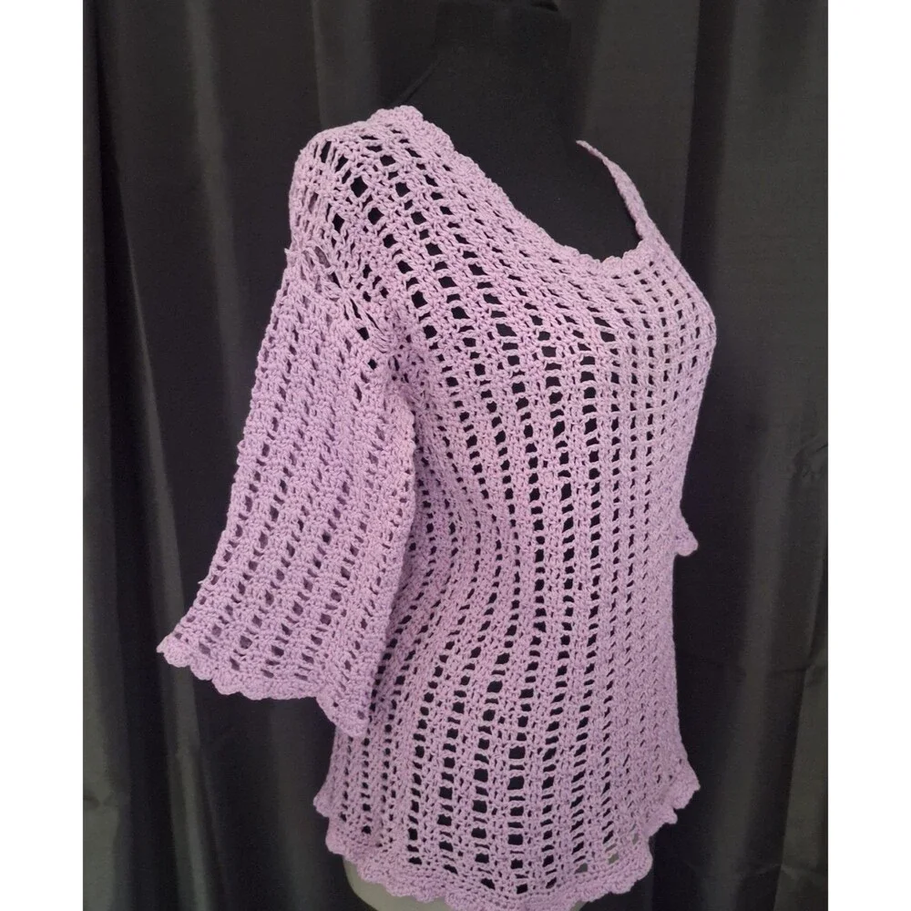 Vtg 70s purple crochet top cotton bell 3/4 sleeves scoop neck festival boho Sz S